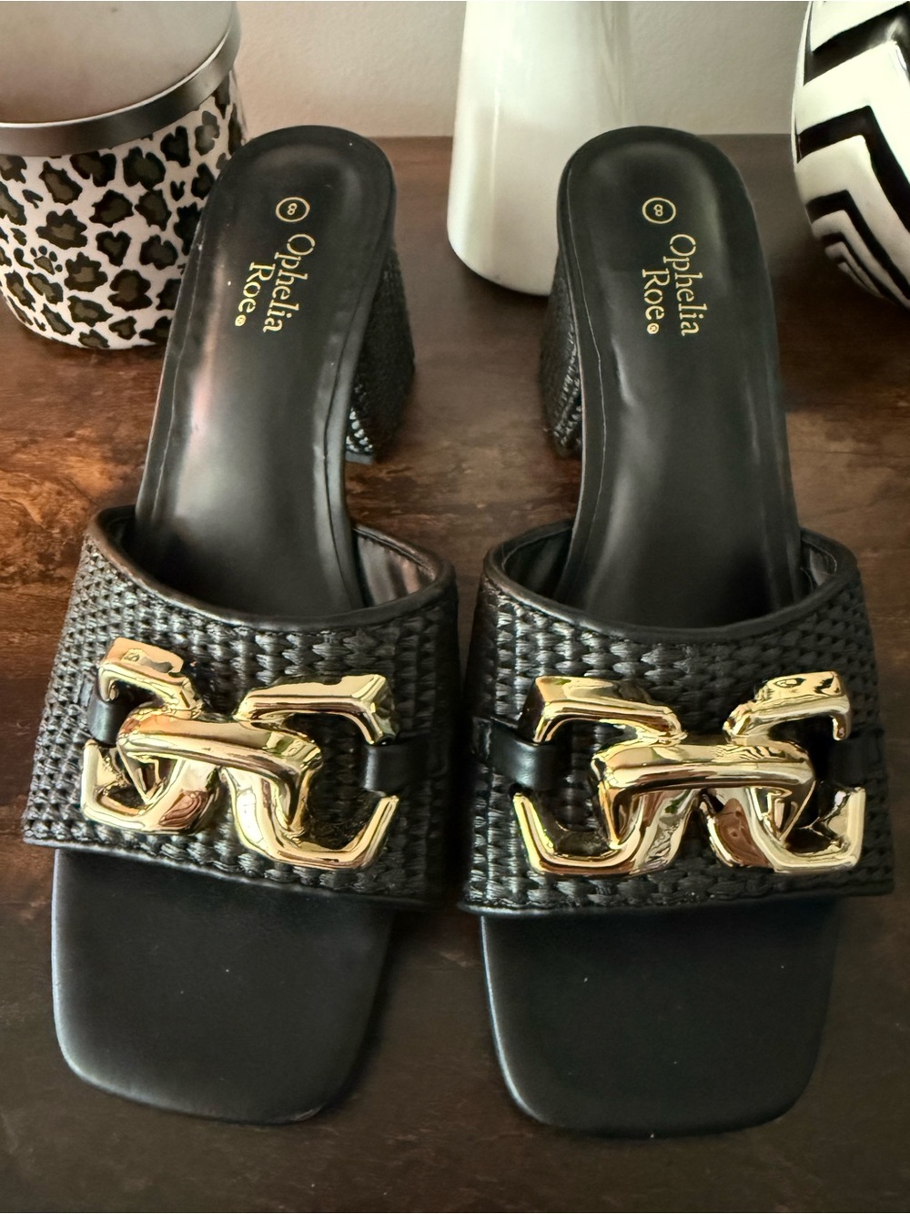 Ophelia Rose Black Woven Slide Mules with Gold Chain Accent